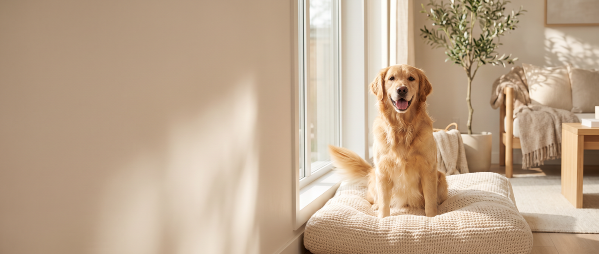 Happy golden retriever sitting on a cozy dog bed in a sunlit living room